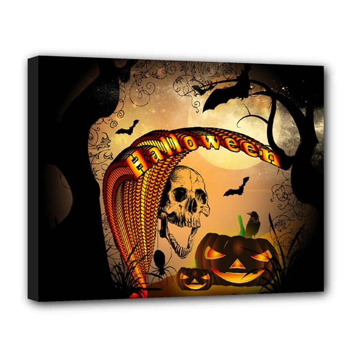 Halloween, Funny Pumpkin With Skull And Spider In The Night Canvas 14  x 11 