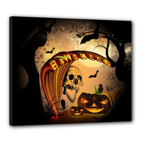 Halloween, Funny Pumpkin With Skull And Spider In The Night Canvas 24  X 20  by FantasyWorld7
