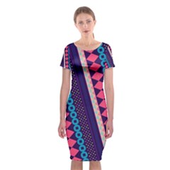 Purple And Pink Retro Geometric Pattern Classic Short Sleeve Midi Dress by DanaeStudio