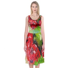 Floral  Red On Green Midi Sleeveless Dress by artistpixi