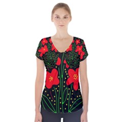 Red Flowers Short Sleeve Front Detail Top by Valentinaart