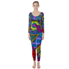 Pop Art Paisley Flowers Ornaments Multicolored Long Sleeve Catsuit by EDDArt