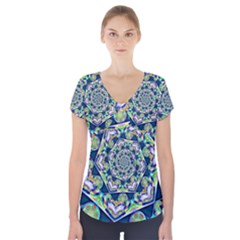 Power Spiral Polygon Blue Green White Short Sleeve Front Detail Top by EDDArt