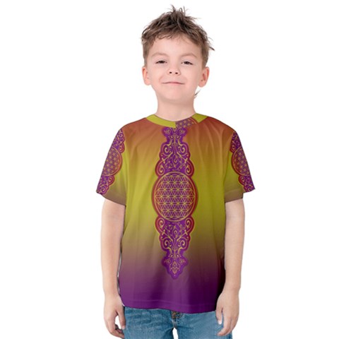 Flower Of Life Vintage Gold Ornaments Red Purple Olive Kids  Cotton Tee by EDDArt