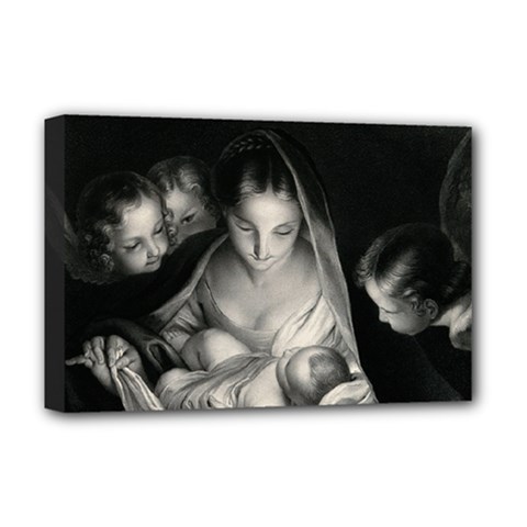 Nativity Scene Birth Of Jesus With Virgin Mary And Angels Black And White Litograph Deluxe Canvas 18  X 12   by yoursparklingshop