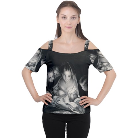 Nativity Scene Birth Of Jesus With Virgin Mary And Angels Black And White Litograph Women s Cutout Shoulder Tee by yoursparklingshop