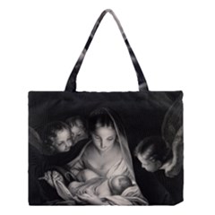 Nativity Scene Birth Of Jesus With Virgin Mary And Angels Black And White Litograph Medium Tote Bag by yoursparklingshop