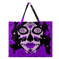 Sugar Skull Purple Roses Zipper Large Tote Bag by burpdesignsA