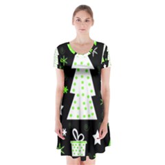 Green Playful Xmas Short Sleeve V-neck Flare Dress by Valentinaart
