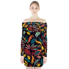 Colorful Leaves Design On Black Background  Long Sleeve Off Shoulder Dress by GabriellaDavid