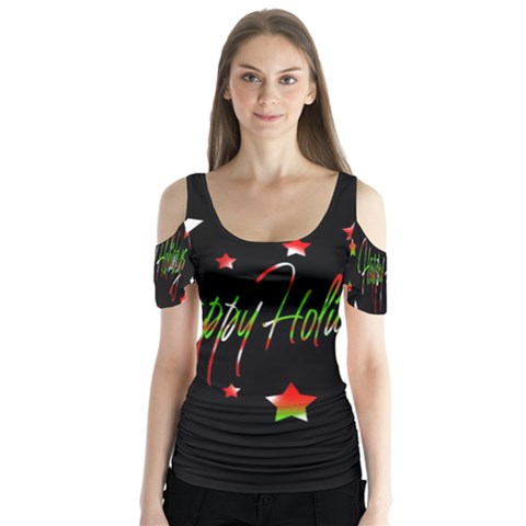 Happy Holidays 2  Butterfly Sleeve Cutout Tee  by Valentinaart