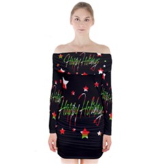 Happy Holidays 2  Long Sleeve Off Shoulder Dress by Valentinaart