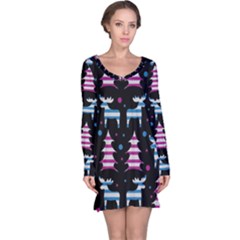 Blue And Pink Reindeer Pattern Long Sleeve Nightdress by Valentinaart