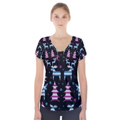 Blue And Pink Reindeer Pattern Short Sleeve Front Detail Top by Valentinaart