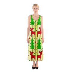 Xmas Reindeer Pattern - Yellow Sleeveless Maxi Dress by Valentinaart