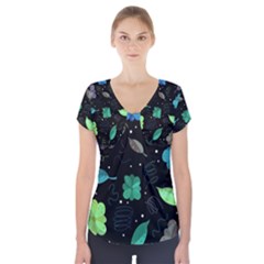 Blue And Green Flowers  Short Sleeve Front Detail Top by Valentinaart