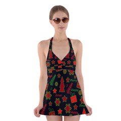 Red And Green Xmas Pattern Halter Swimsuit Dress by Valentinaart