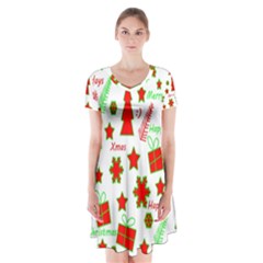 Red And Green Christmas Pattern Short Sleeve V-neck Flare Dress by Valentinaart