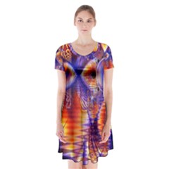 Winter Crystal Palace, Abstract Cosmic Dream (lake 12 15 13) 9900x7400 Smaller Short Sleeve V-neck Flare Dress by DianeClancy