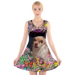 Chi Chi In Butterflies, Chihuahua Dog In Cute Hat V-neck Sleeveless Skater Dress by DianeClancy