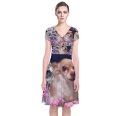 Chi Chi In Flowers, Chihuahua Puppy In Cute Hat Short Sleeve Front Wrap Dress by DianeClancy