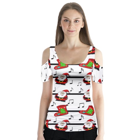 Xmas Song Pattern Butterfly Sleeve Cutout Tee  by Valentinaart