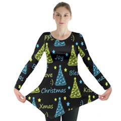 New Year Pattern - Blue And Yellow Long Sleeve Tunic  by Valentinaart