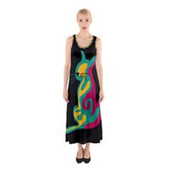 Colorful Abstract Cat  Sleeveless Maxi Dress by Valentinaart