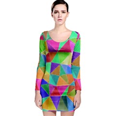 Triangles, Colorful Watercolor Art  Painting Long Sleeve Bodycon Dress by picsaspassion