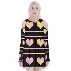 Pink And Yellow Harts Pattern Velvet Long Sleeve Shoulder Cutout Dress by Valentinaart