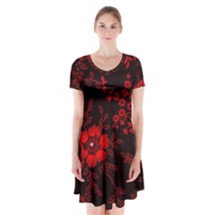 Small Red Roses Short Sleeve V-neck Flare Dress by Brittlevirginclothing