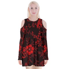 Small Red Roses Velvet Long Sleeve Shoulder Cutout Dress by Brittlevirginclothing