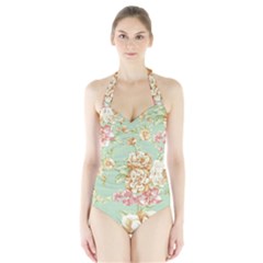 Vintage Pastel Flowers Halter Swimsuit by Brittlevirginclothing