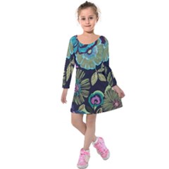 Dark Colored Lila Flowers Kids  Long Sleeve Velvet Dress by Brittlevirginclothing