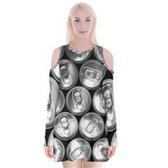 Black And White Doses Cans Fuzzy Drinks Velvet Long Sleeve Shoulder Cutout Dress by Nexatart
