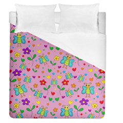 Cute Butterflies And Flowers Pattern - Pink Duvet Cover (queen Size) by Valentinaart