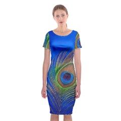 Blue Peacock Feather Classic Short Sleeve Midi Dress by Amaryn4rt