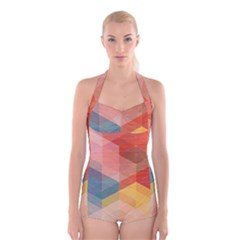 Colorful Warm Colored Quares Boyleg Halter Swimsuit  by Brittlevirginclothing