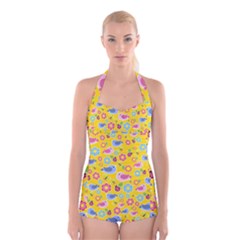 Spring Pattern - Yellow Boyleg Halter Swimsuit  by Valentinaart