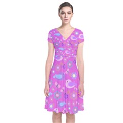 Spring Pattern - Pink Short Sleeve Front Wrap Dress by Valentinaart