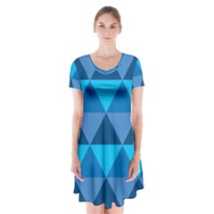 Geometric Chevron Blue Triangle Short Sleeve V-neck Flare Dress
