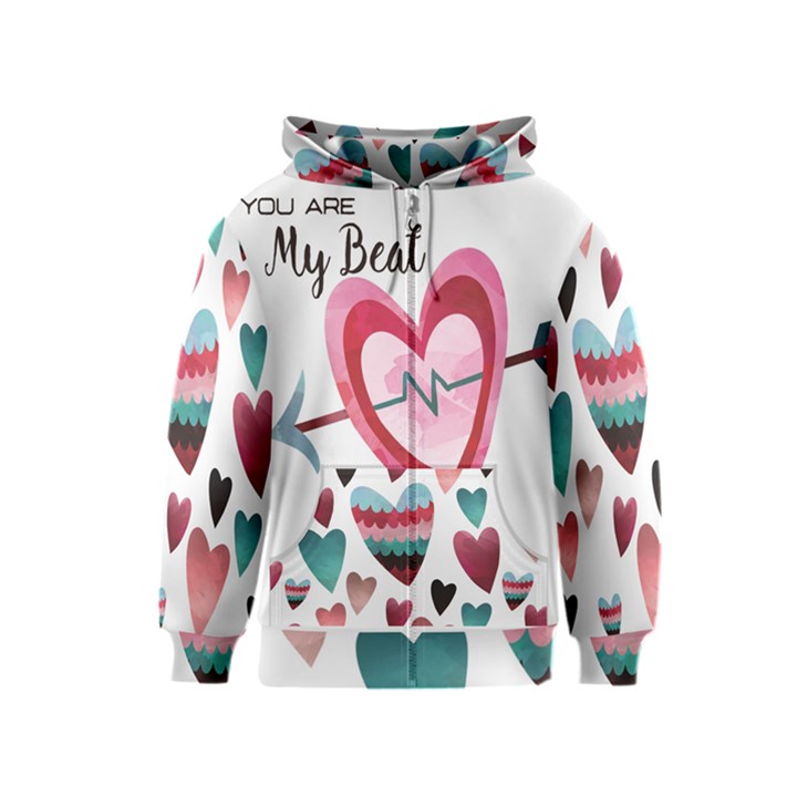 You Are My Beat / Pink And Teal Hearts Pattern (white)  Kids  Zipper Hoodie