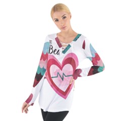 You Are My Beat / Pink And Teal Hearts Pattern (white)  Women s Tie Up Tee