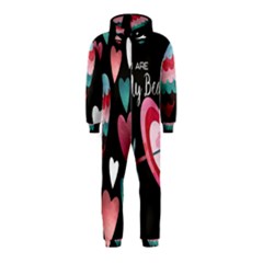 You Are My Beat / Pink And Teal Hearts Pattern (black)  Hooded Jumpsuit (kids) by FashionFling