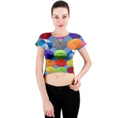 Color Umbrella Blue Sky Red Pink Grey And Green Folding Umbrella Painting Crew Neck Crop Top by Nexatart