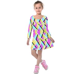Bright Zig Zag Scribble Yellow Pink Kids  Long Sleeve Velvet Dress by Alisyart