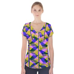 Crazy Zig Zags Blue Yellow Short Sleeve Front Detail Top