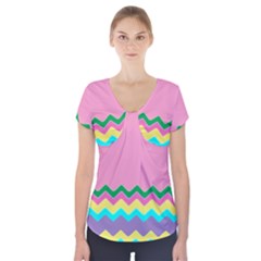 Easter Chevron Pattern Stripes Short Sleeve Front Detail Top by Amaryn4rt