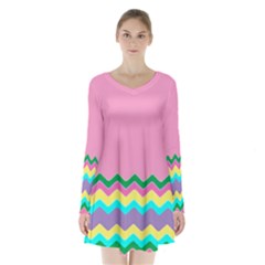 Easter Chevron Pattern Stripes Long Sleeve Velvet V-neck Dress by Amaryn4rt