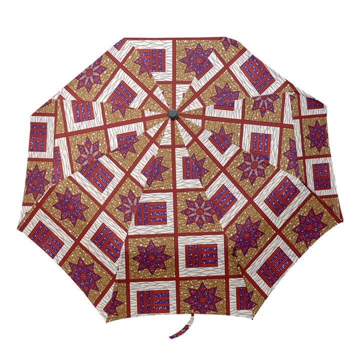 African Fabric Star Plaid Gold Blue Red Folding Umbrellas